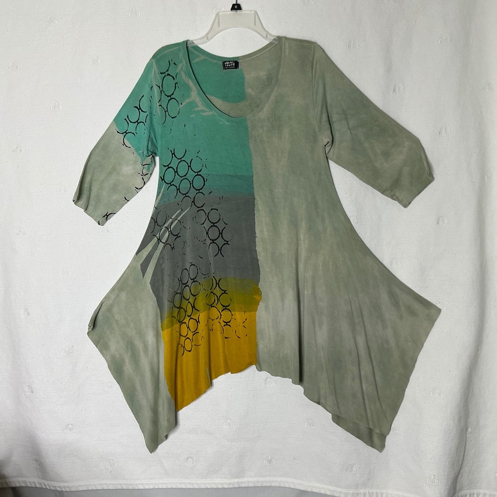 Art of Cloth‎ Asymmetrical Tunic Top Women's M Green Abstract Artsy Lagenlook